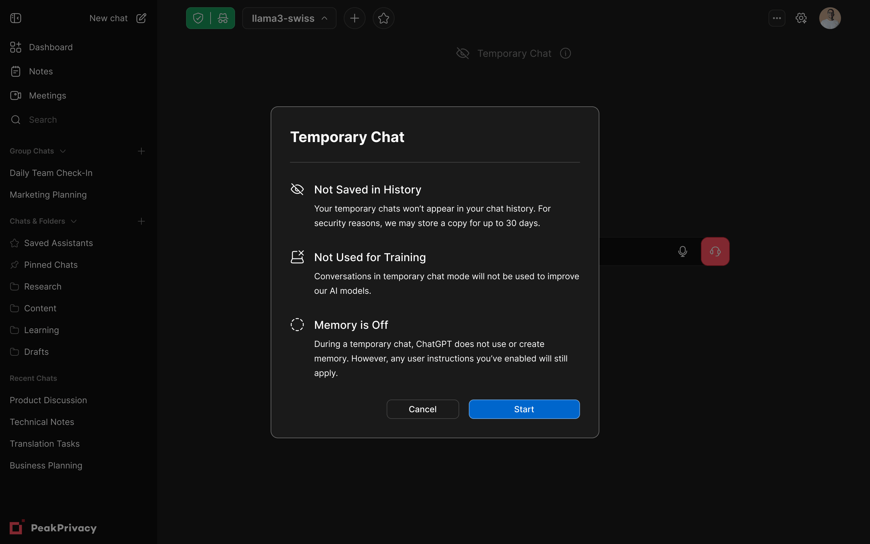 Temporary chat modal