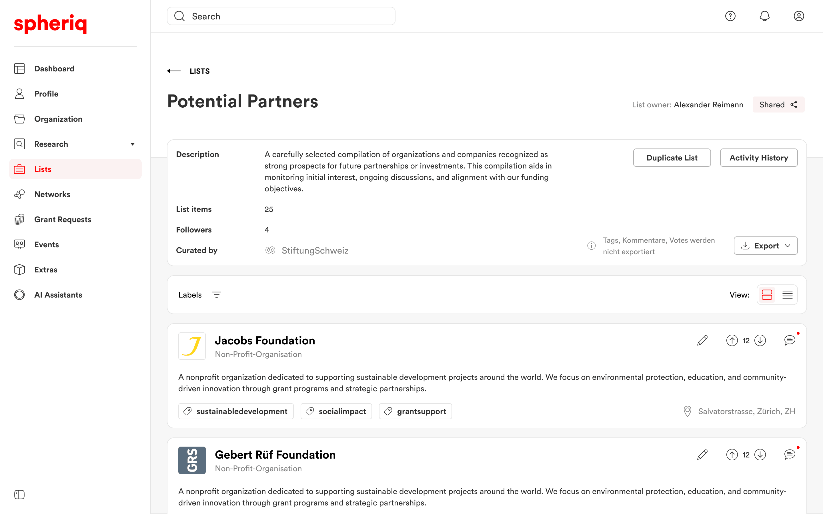 Potential Partners — cards view