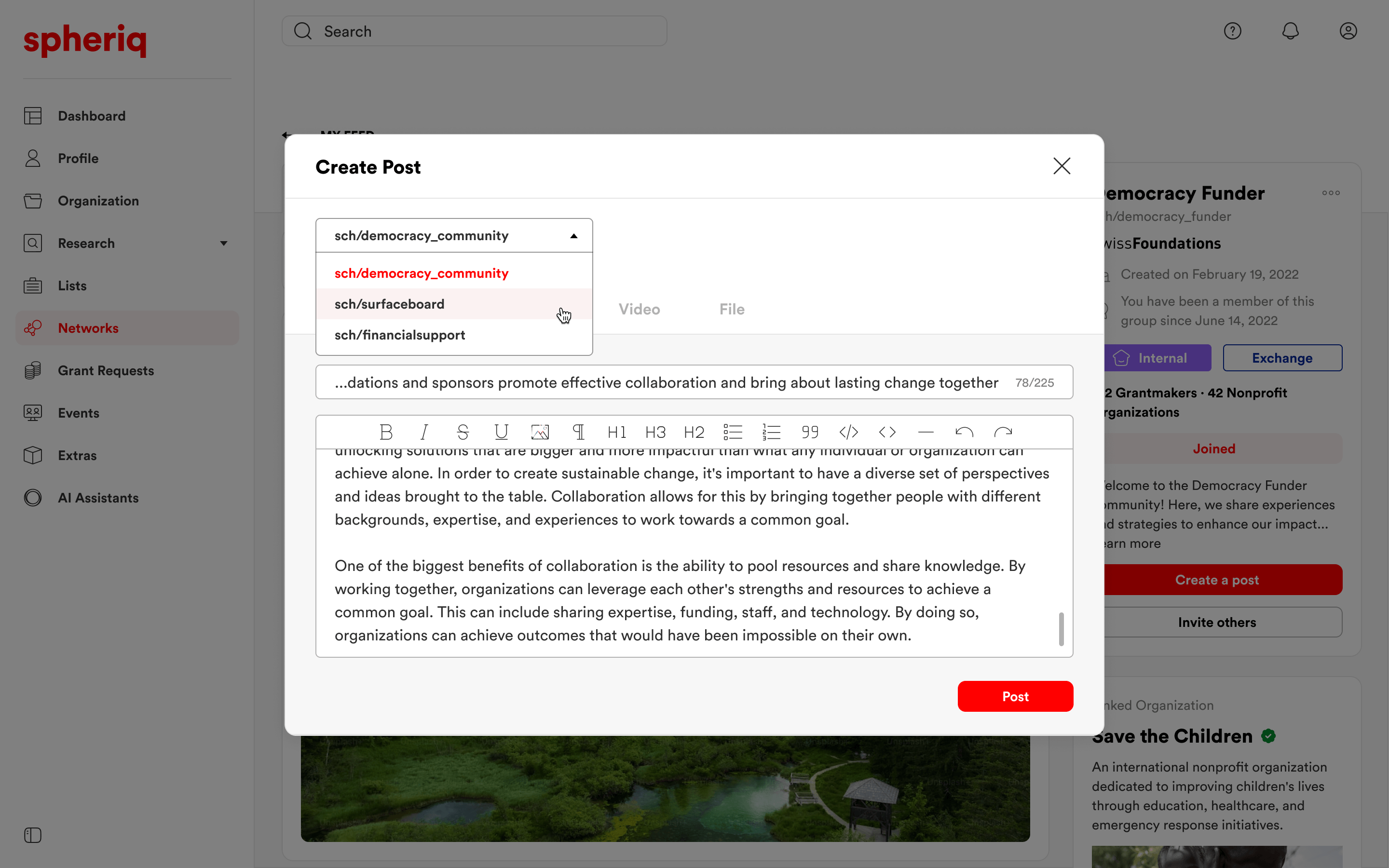 Create post — network picker